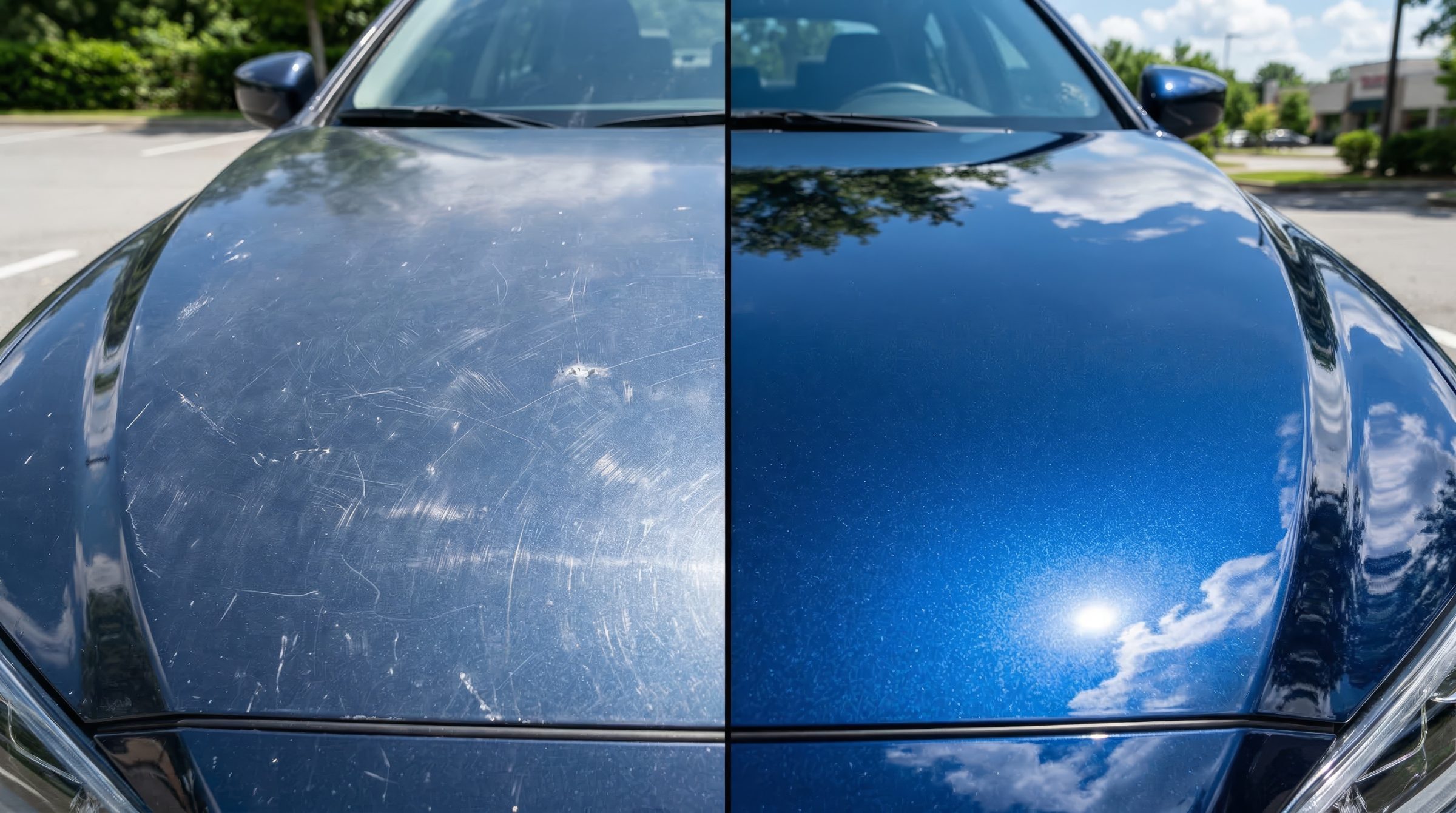 Before and after comparison of car hood detailing, scratched vs polished blue paint