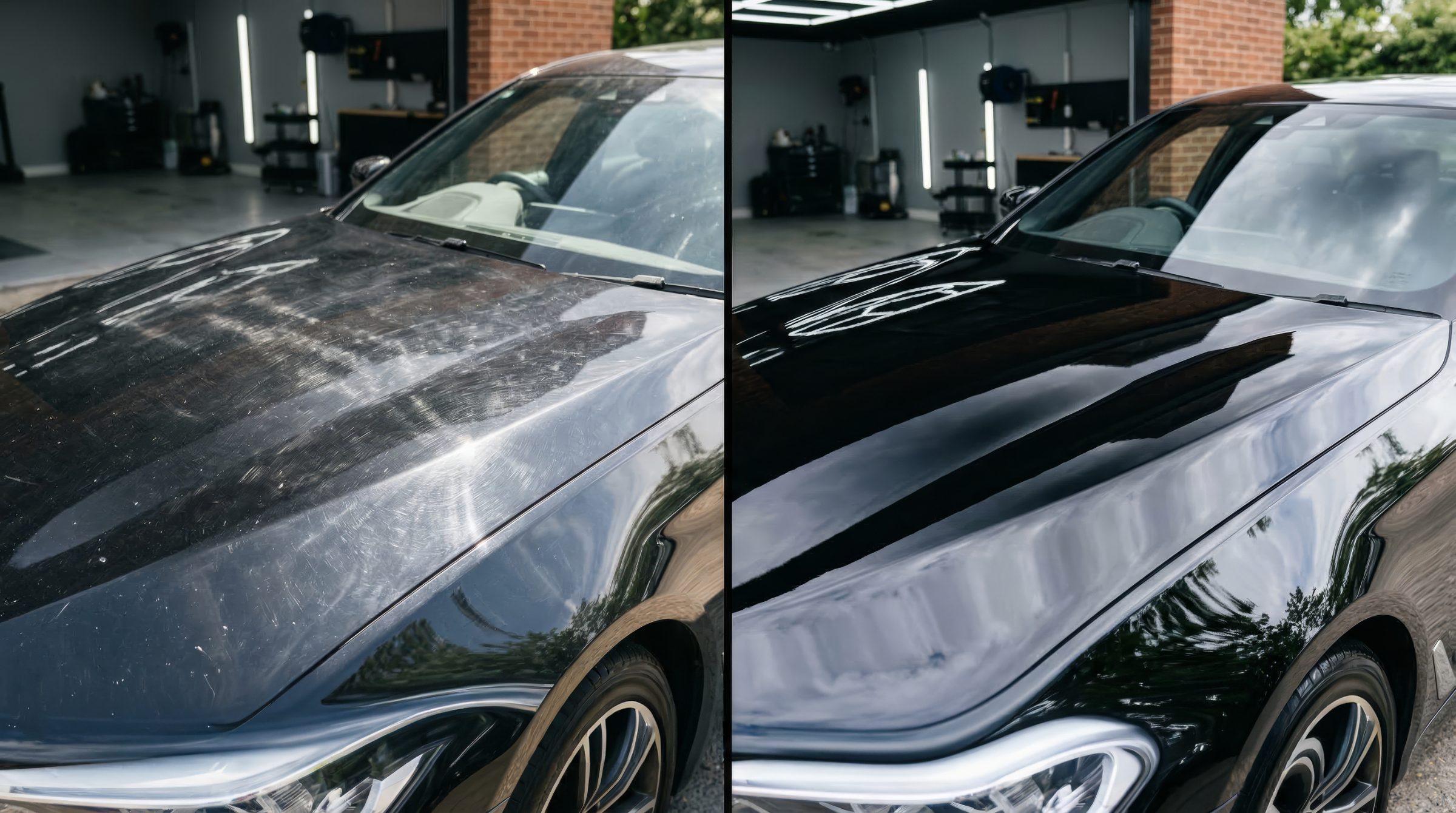 Before and after car detailing showing dirty hood restored to pristine shine