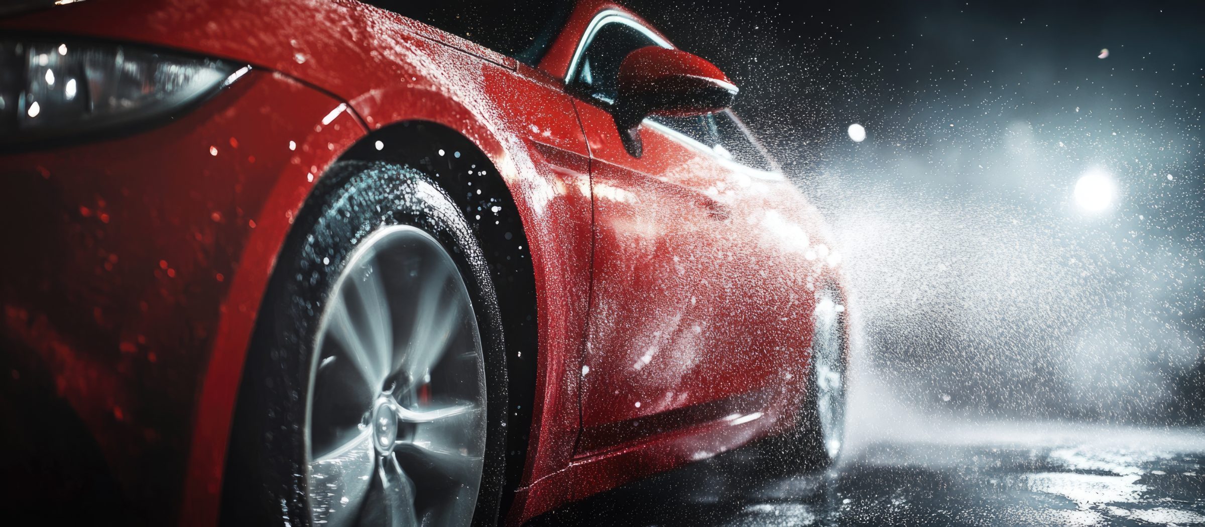Red car being washed with high-pressure water spray at night