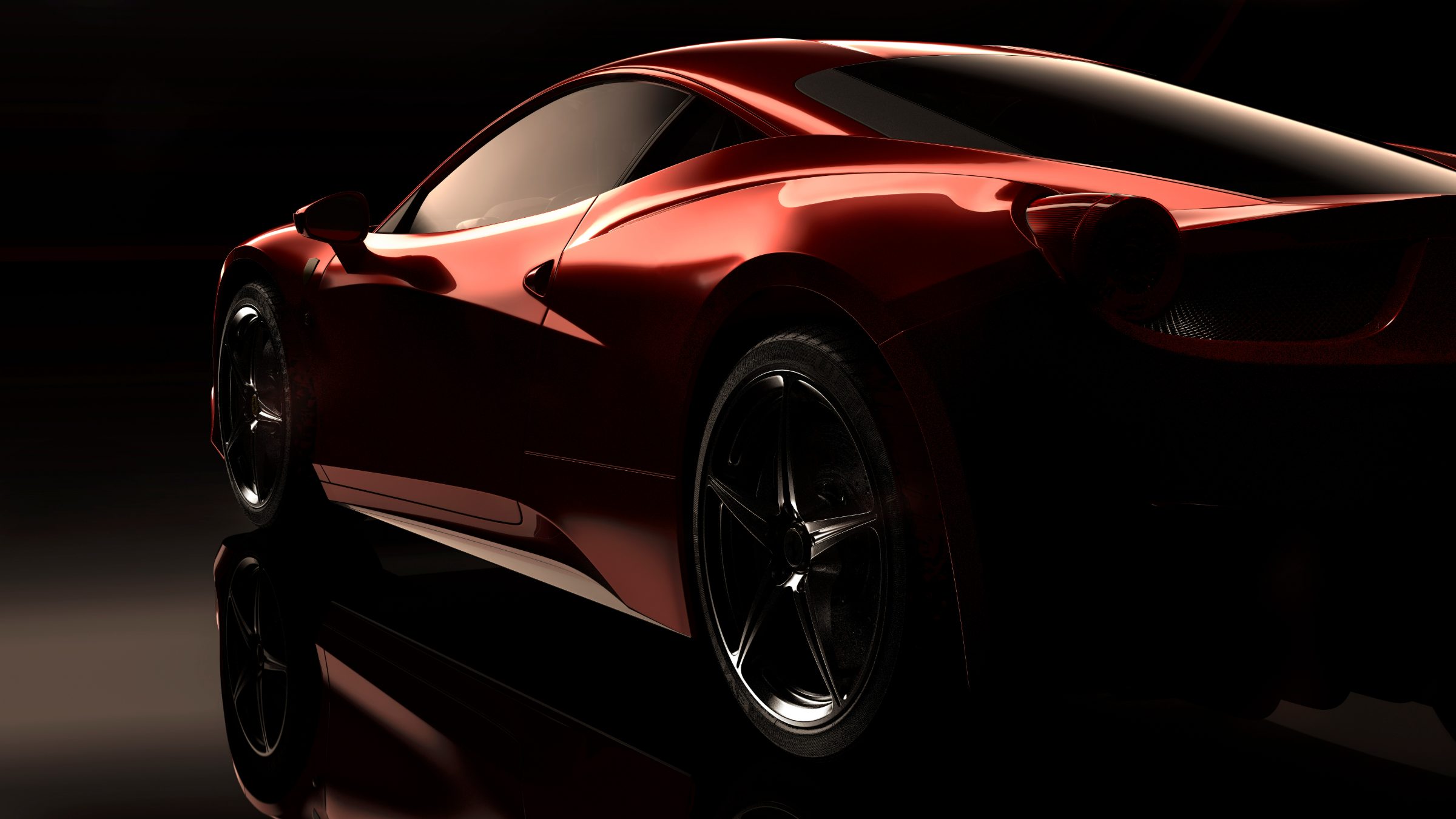 Red sports car with sleek design shown in profile against black background