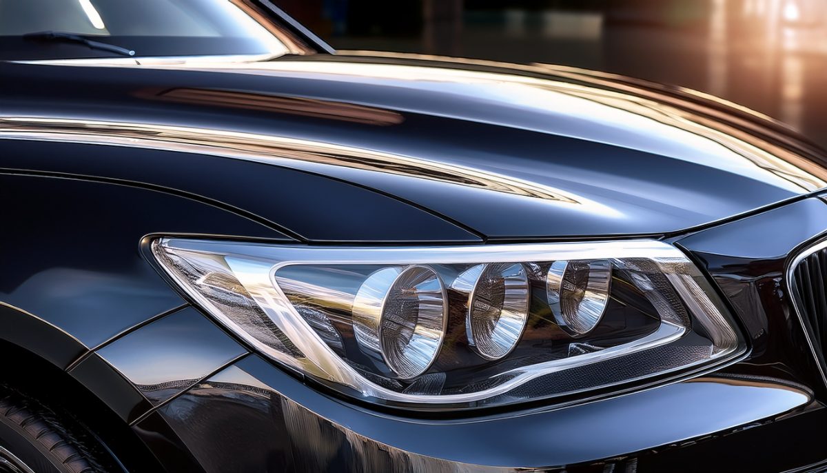 Close-up of sleek black car headlight with chrome trim and reflective lens details