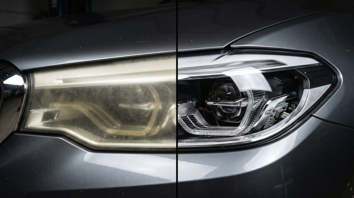 Comparison of vehicle headlight designs showing older halogen technology on left and modern LED headlight on right