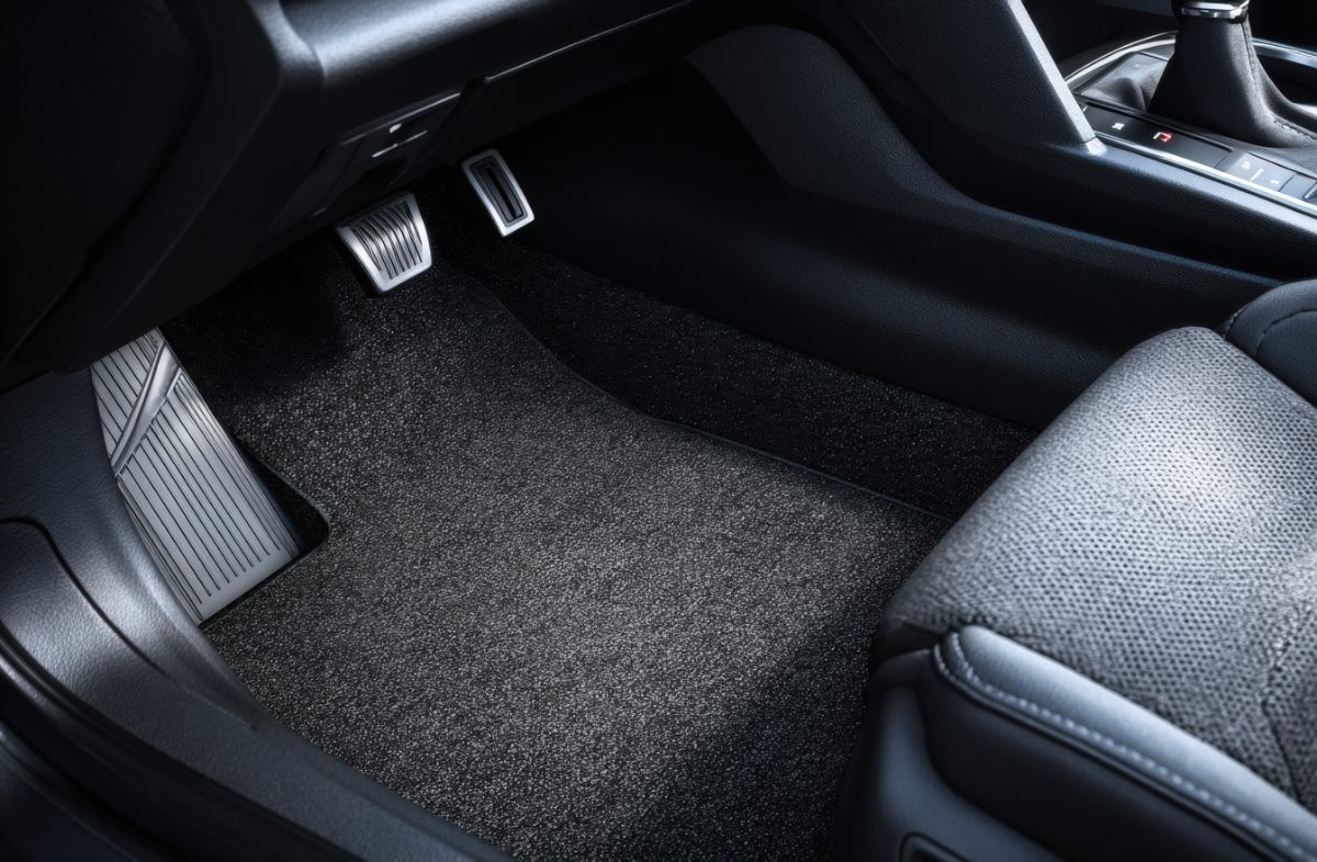 Black carpeted car floor mats with metallic pedal covers in vehicle interior