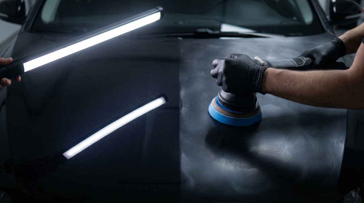 Professional detailer polishing black car hood with orbital buffer and LED work light